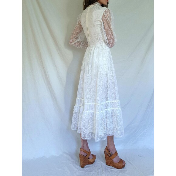 70s Vintage White Lace Ruffle Wedding Gown: High Neck Victorian Prairie Dress - Picture 7 of 12